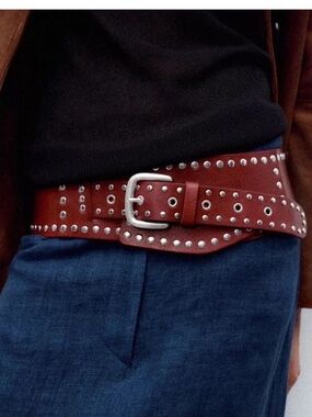 Zara NWT 100% leather red studded belt 1736/044